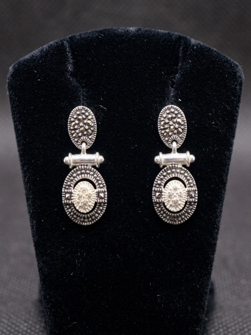 Marsala Sterling Silver Marcasite & CZ Art Deco Revival Earrings 3133